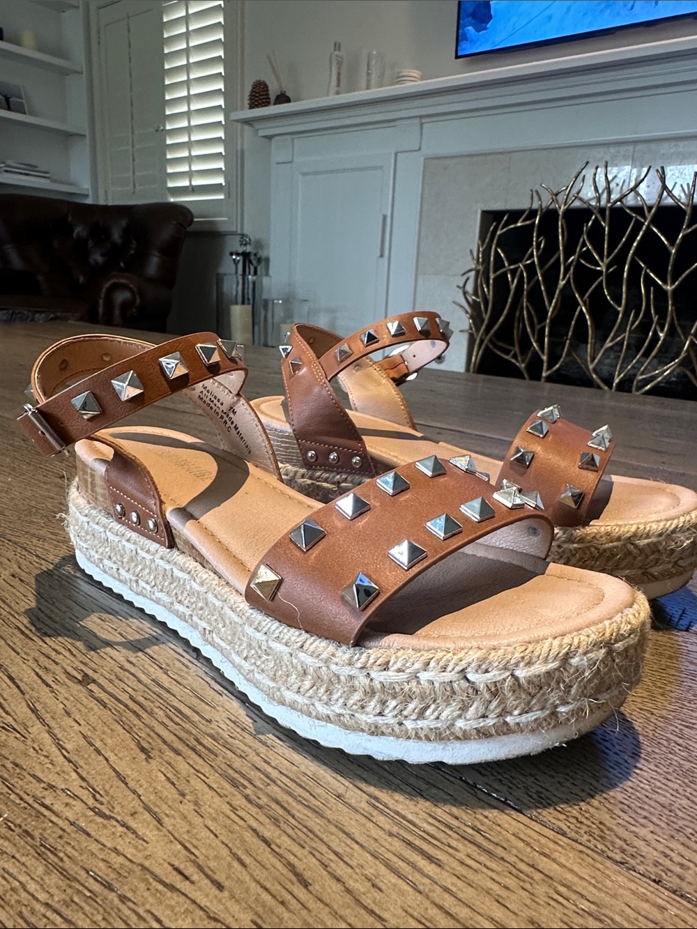 Women's Tan Studded Espadrille Platform Sandals